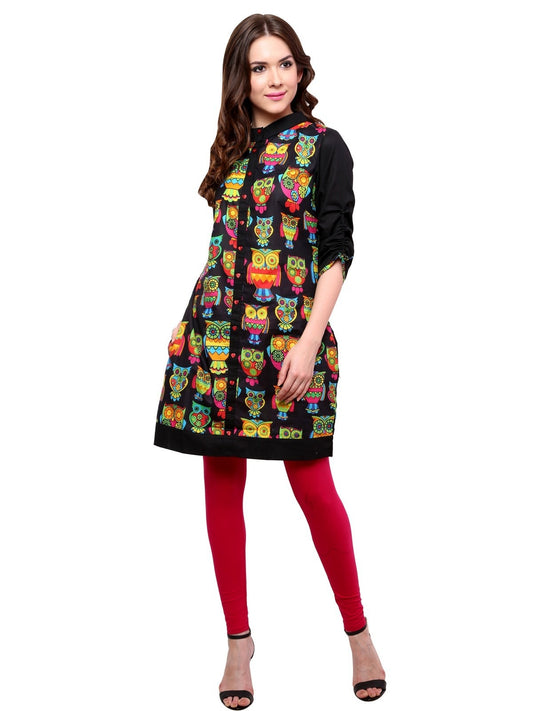 Finding Product Women's Black Owl Reversible Buttoned Kurti