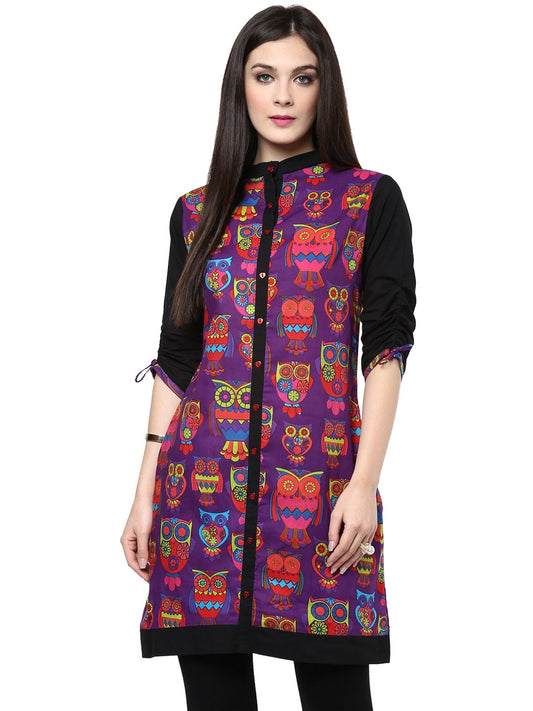 Finding Product Women's Purple Owl Reversible Buttoned Kurti