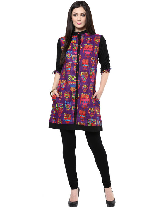 Finding Product Women's Purple Owl Reversible Buttoned Kurti