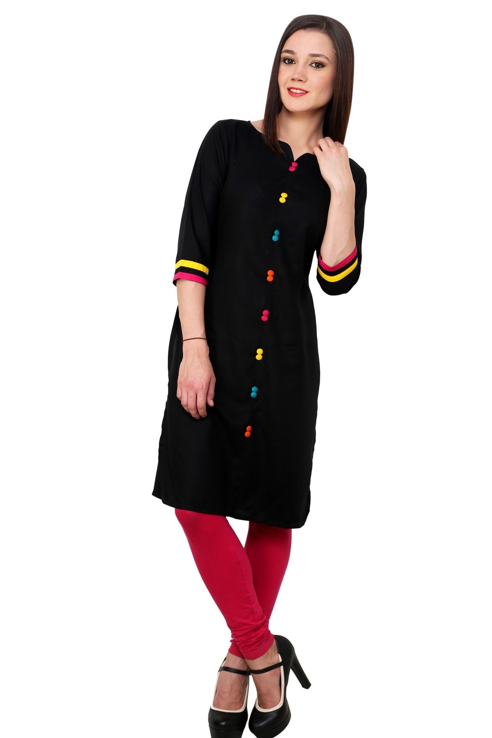 Finding Product Women's Black Multi Color Button Kurti