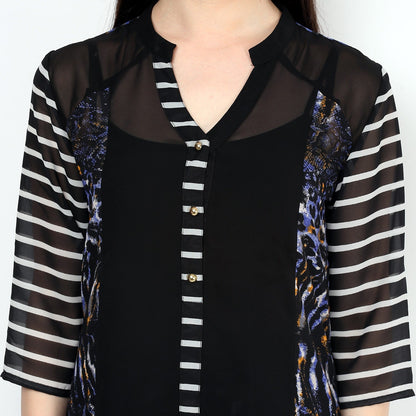 Finding Product Women's Blue Printed Raglan Panelled Kurti