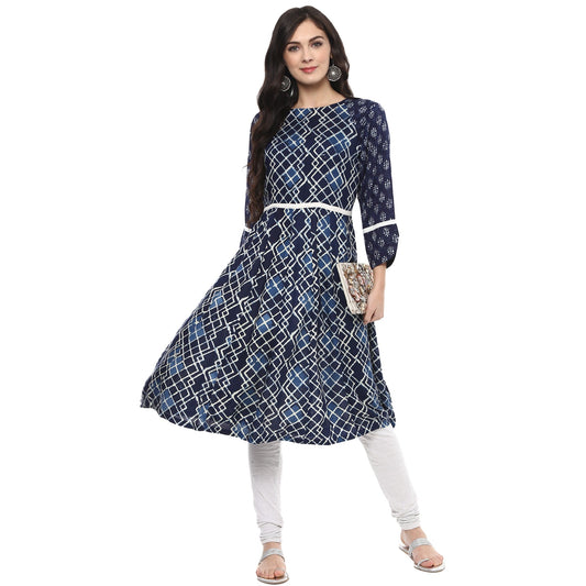 Finding Product Women's Indigo Printed Raglan Flared Kurta