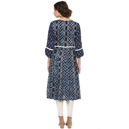 Finding Product Women's Indigo Printed Raglan Flared Kurta
