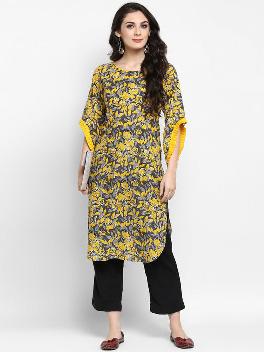 Finding Product Women's Yellow Floral Printed Petal Sleeves Kurta
