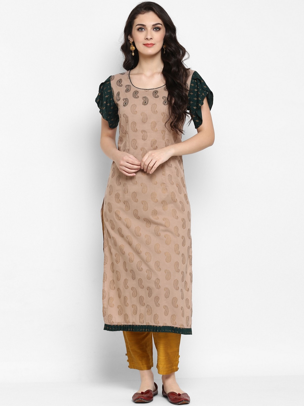 Finding Product Women's Paisly Golden Printed Embroidered Kurta