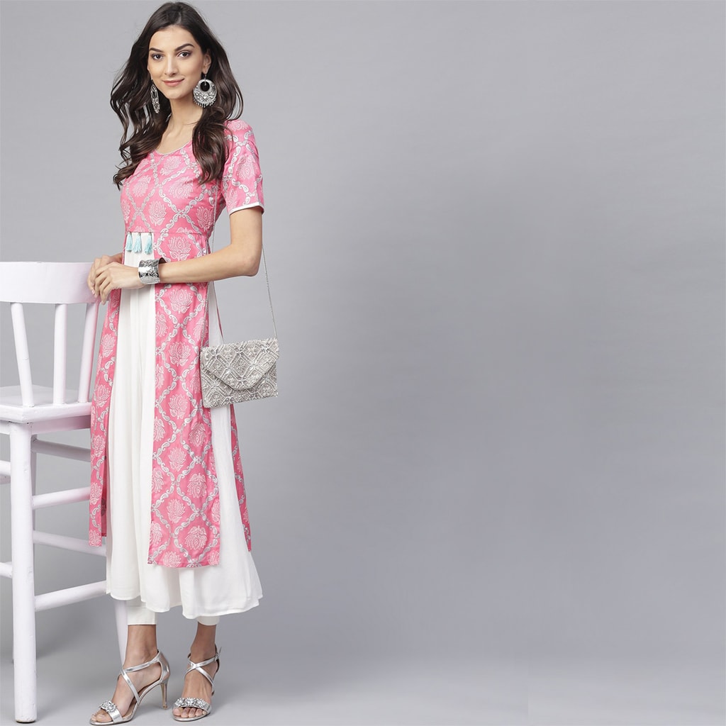 Pink Lotus Inspired Front Open Printed Kurta With Tassels (Copy)