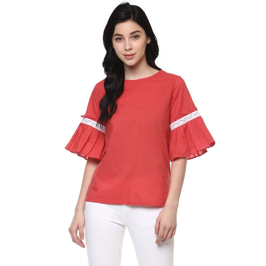Finding Product Women's Pleated Flare Sleeves Lace Detail Top