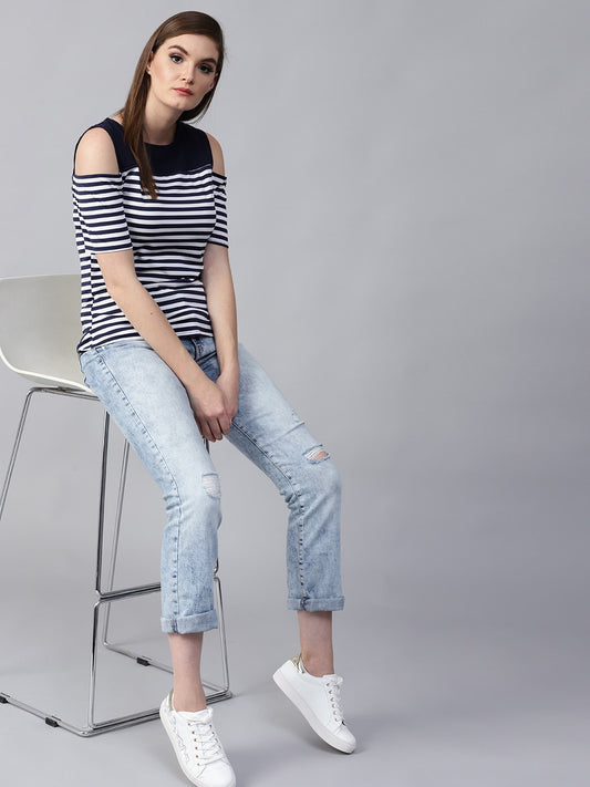 Finding Product Women's Breton Stripe Cold-Shoulder Top