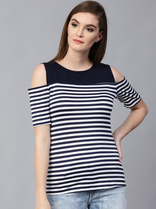 Finding Product Women's Breton Stripe Cold-Shoulder Top