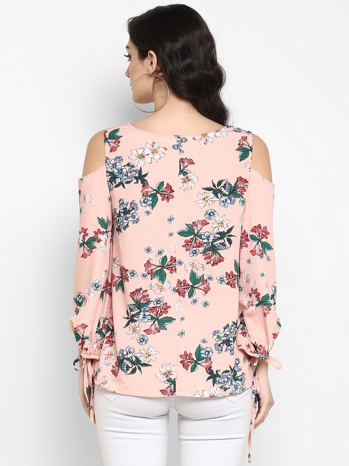 Peach Floral Cold Shoulder Top With Tie-up At Sleeves