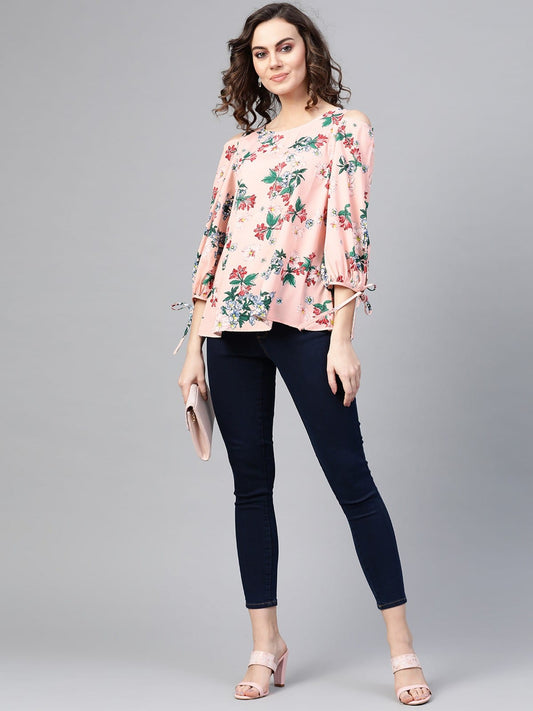 Peach Floral Cold Shoulder Top