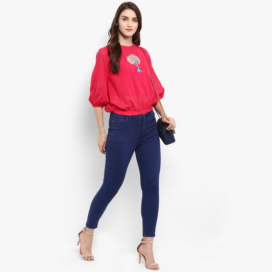 Finding Product Women's Solid Embroidered Balloon Top
