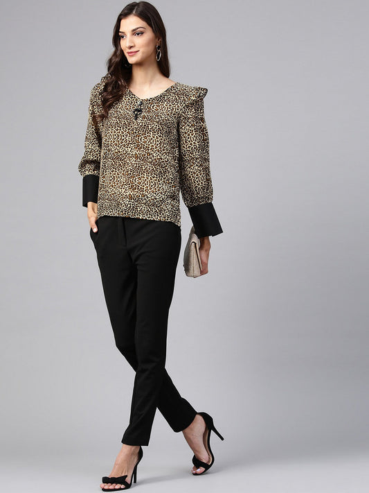 Brown Animal Print Top With Neck Brotch