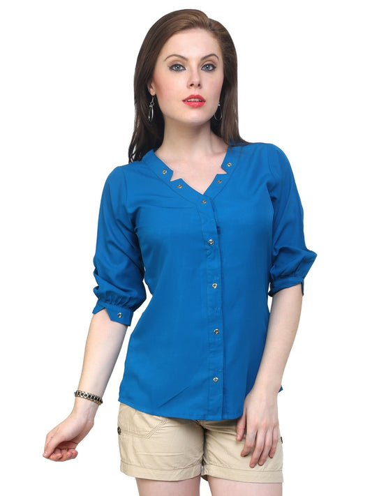Finding Product Women's Blue Shirt Top With Detailed Notch Designs